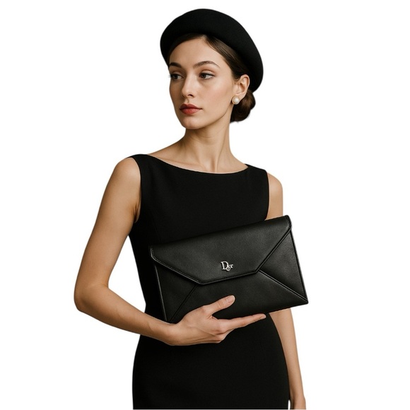 Vintage 1970s Dior Black Calfskin Leather Envelope Clutch Bag - Picture 1 of 11